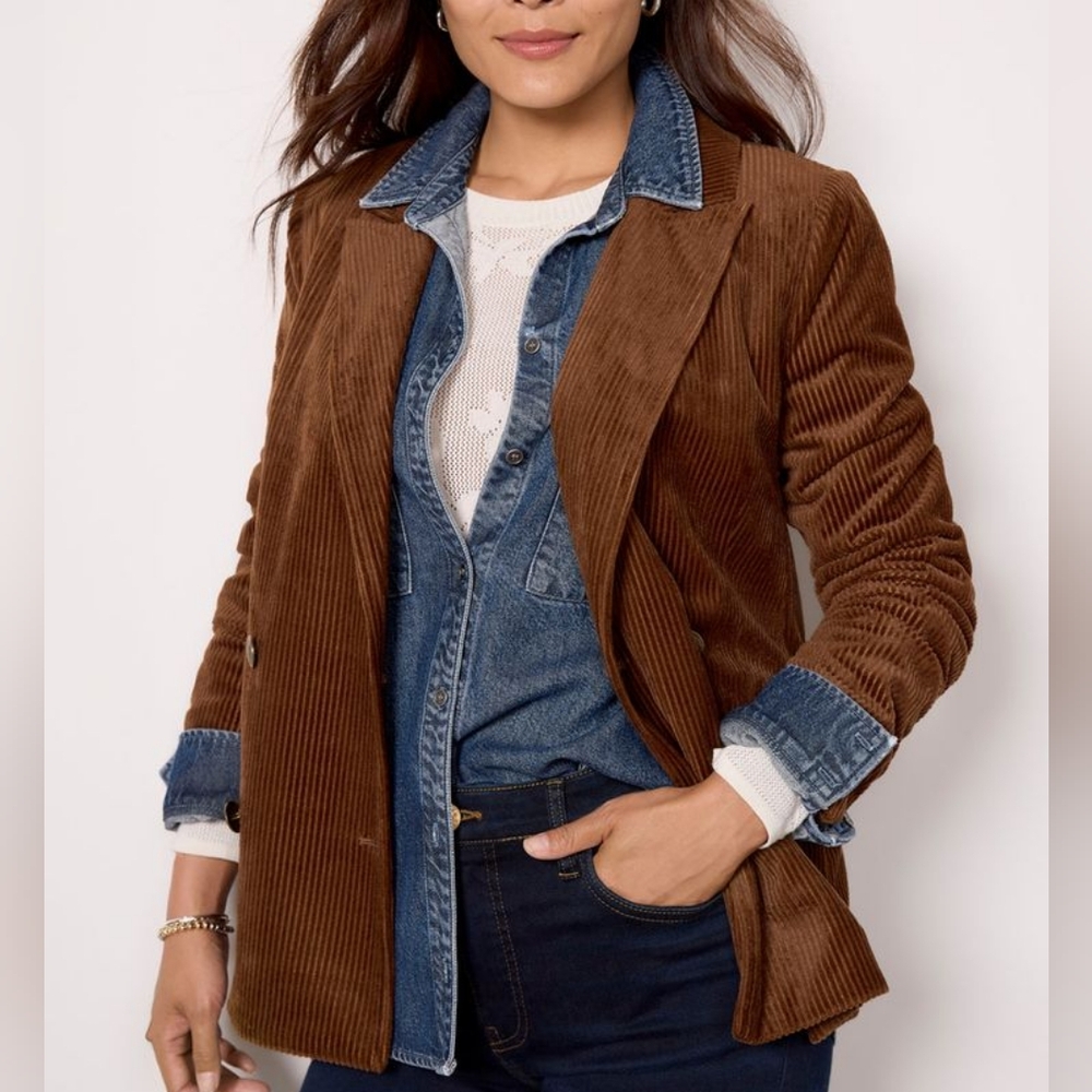 EVEREVE NWT Brown Corduroy Double-Breasted Jacket Front Pockets Layering